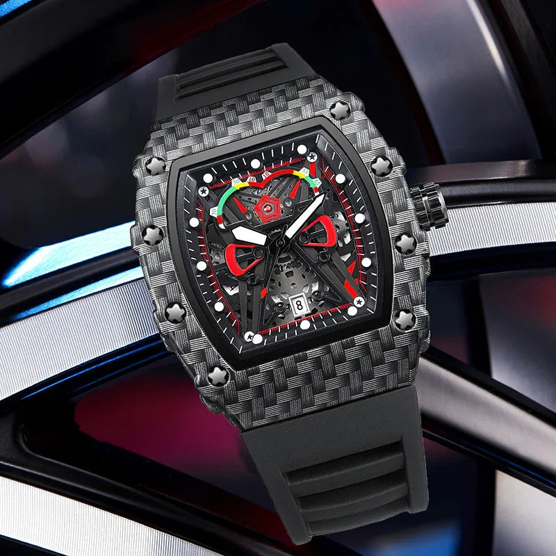 Carbon fiber textured luxury sports watch with black and red skeleton dial and rubber strap