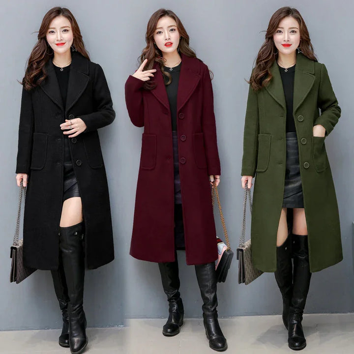 Women wearing long wool coats in black, burgundy, and olive green with black leather boots and handbags