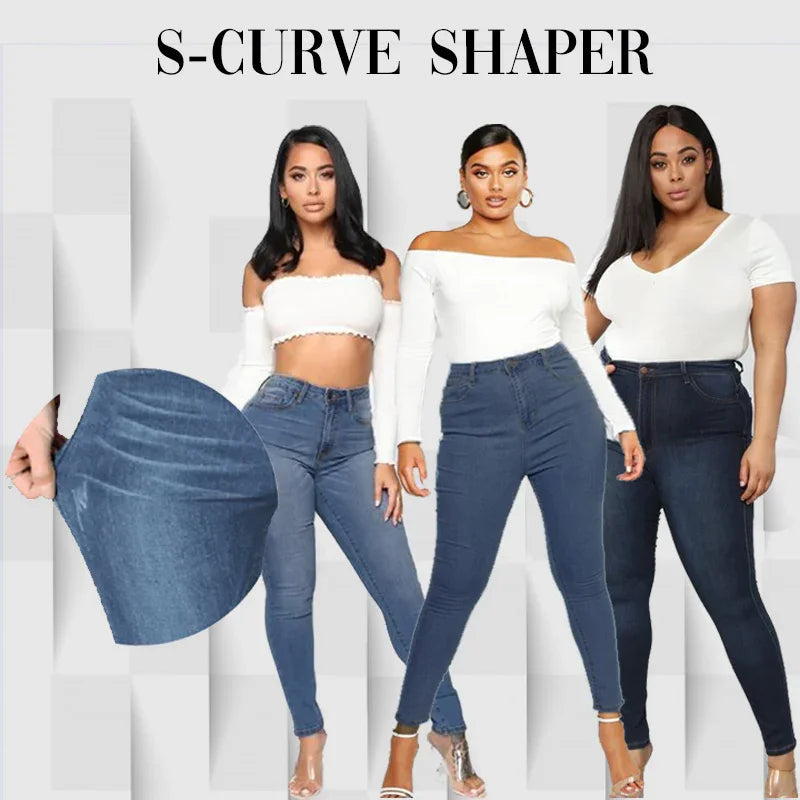 Three women wearing white tops and blue high-waisted skinny jeans showcasing s-curve shaper denim