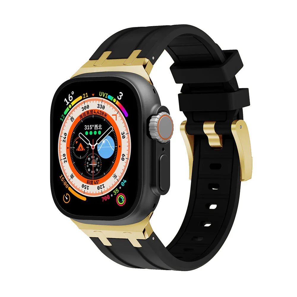 Black and gold smartwatch with a digital compass display and black silicone strap