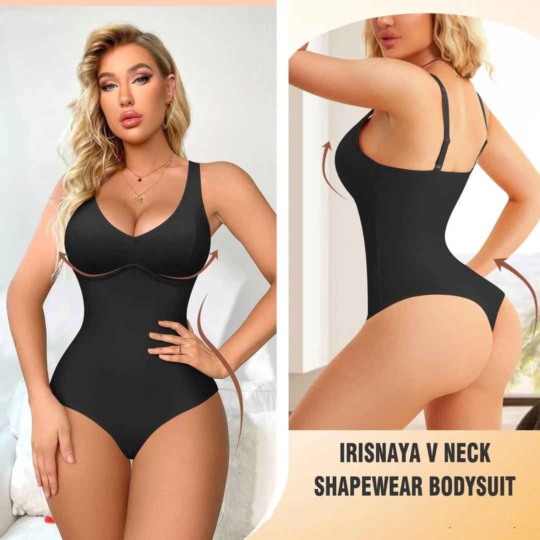 Woman wearing black Irisnaya V neck shapewear bodysuit showing front and back fit and support