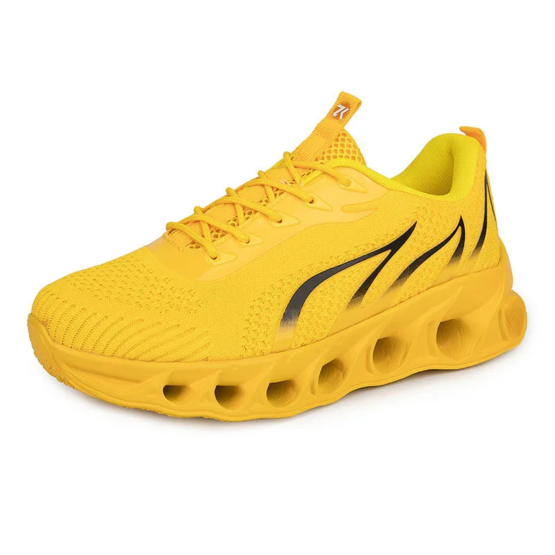 yellow breathable running shoe with unique hollow sole and black flame design
