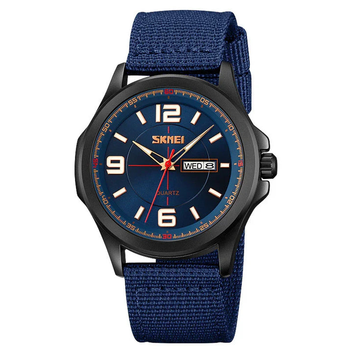 SKMEI blue dial quartz watch with black case, day-date display, and blue fabric strap
