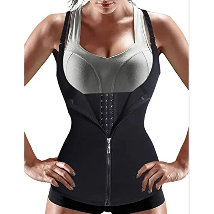 Woman wearing black waist trainer vest with zipper for slimming and body shaping