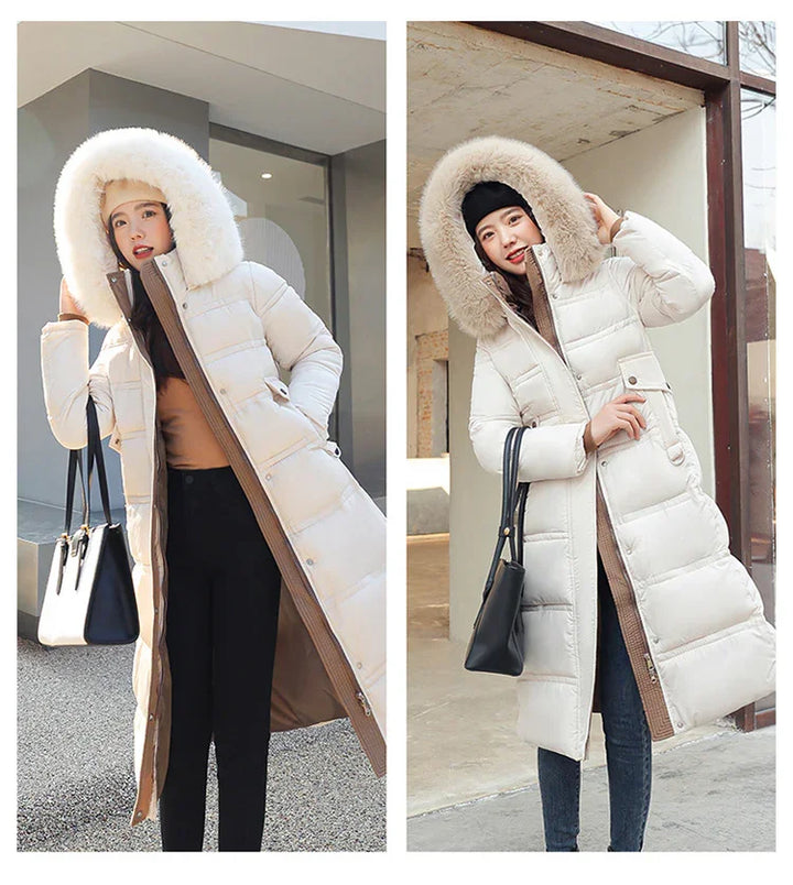 Women wearing long beige winter puffer coats with fur-trimmed hoods and black handbags in urban settings