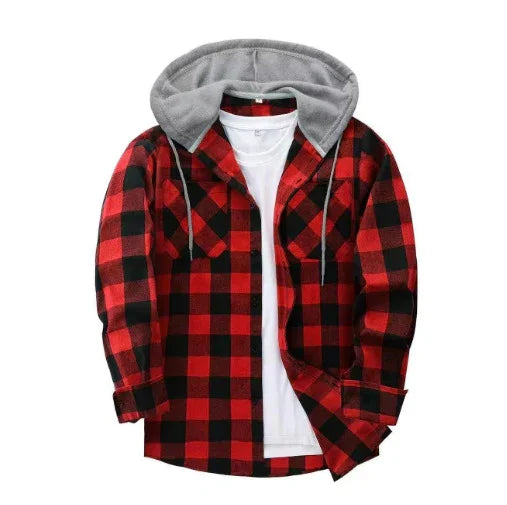 Red and black plaid flannel shirt with gray hood and white inner layer on white background