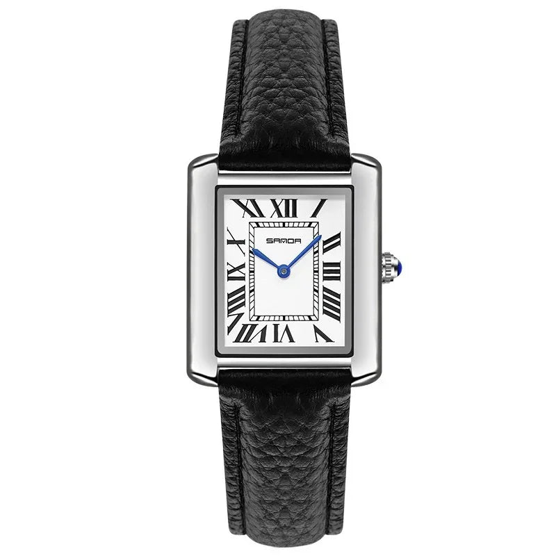 Sanda rectangular silver watch with black leather strap and blue hour and minute hands