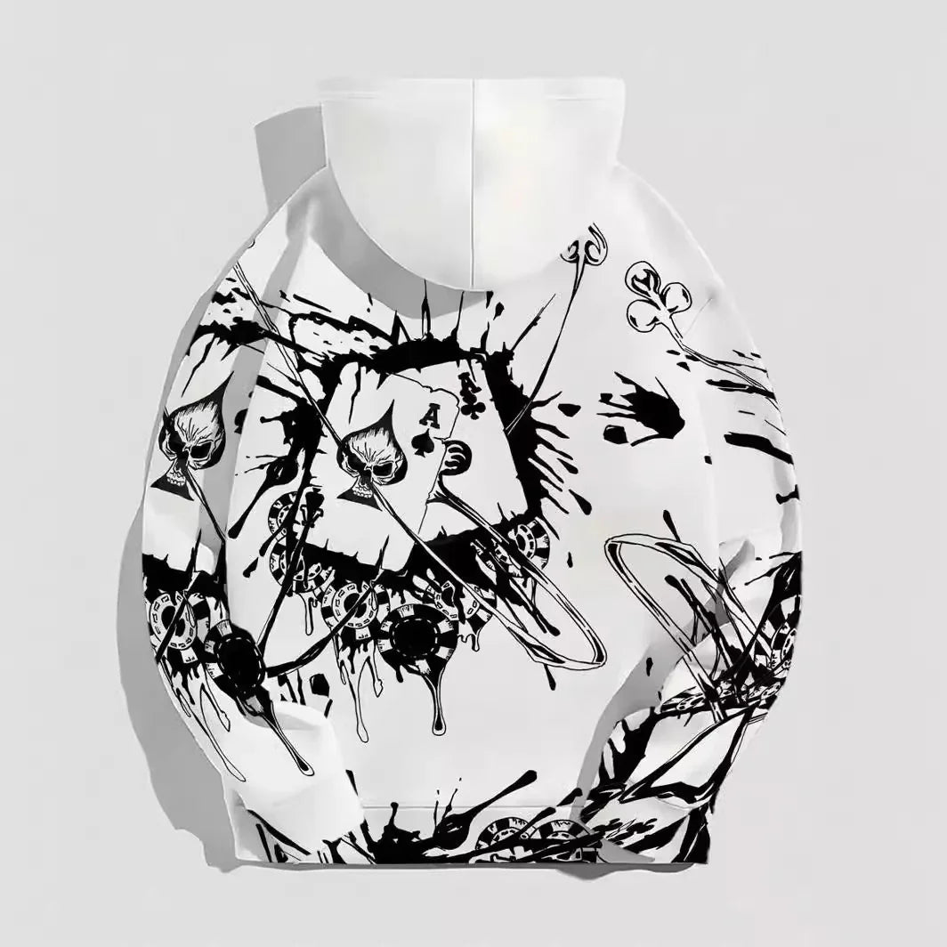 White hoodie with black abstract ink splatter, skull spade cards, dice, and poker chip design