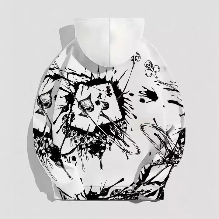 White hoodie with black abstract ink splatter, skull spade cards, dice, and poker chip design