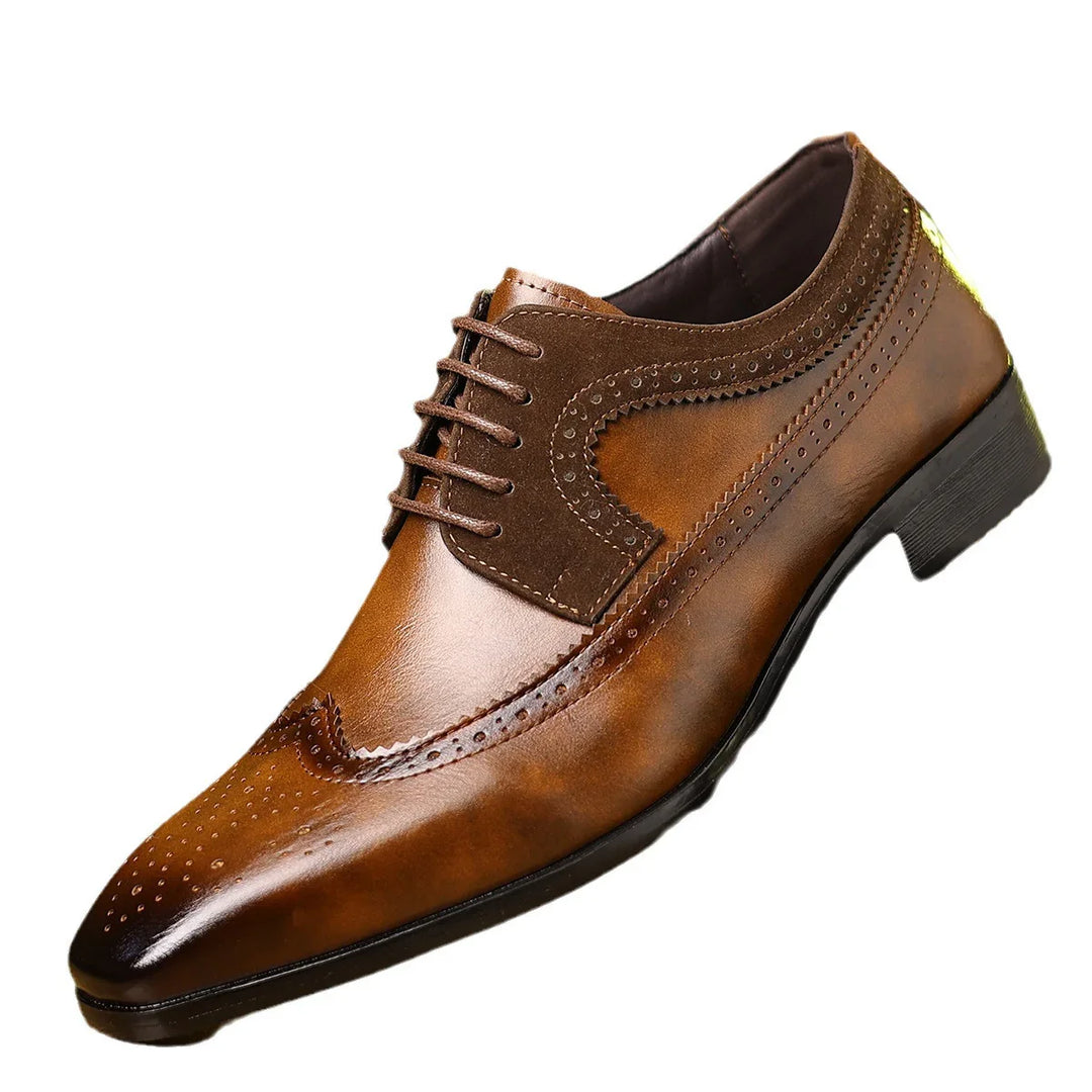 Brown leather men's dress shoe with brogue detailing and lace-up closure