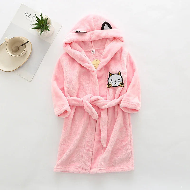 Soft pink children's hooded bathrobe with cat ears and a cat face patch, tied belt
