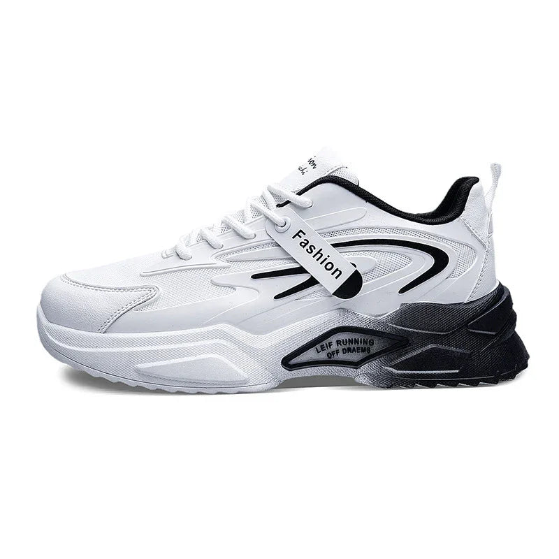 White and black fashion running sneaker with mesh upper and thick sole