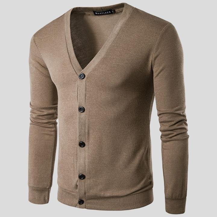 Beige men's V-neck cardigan sweater with long sleeves and black buttons on gray background