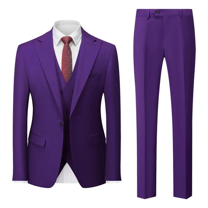 Purple men's three-piece suit with jacket, vest, trousers, white shirt, and patterned red tie