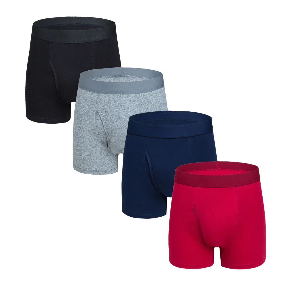 Four men's boxer briefs in black, grey, navy blue, and red with solid color waistbands