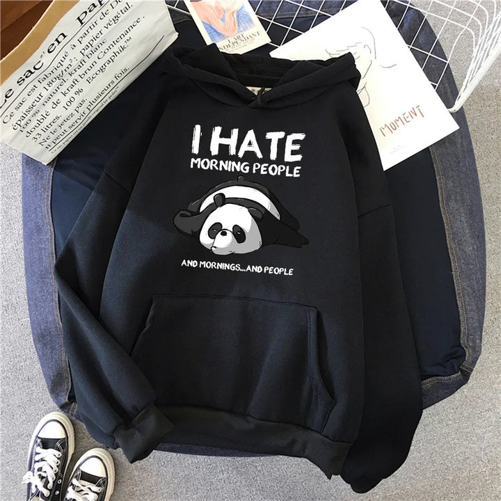 Black hoodie with a cartoon panda and text saying I hate morning people and mornings and people