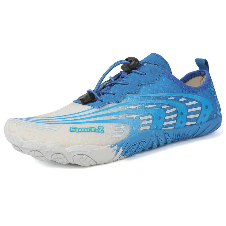 lightweight blue and white Sport.Z water shoe with quick lace system and rubber sole