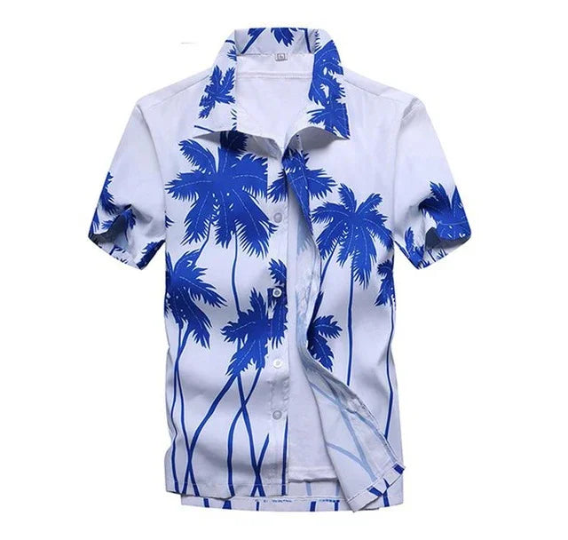 white short-sleeve shirt with blue palm tree print, casual summer beach style