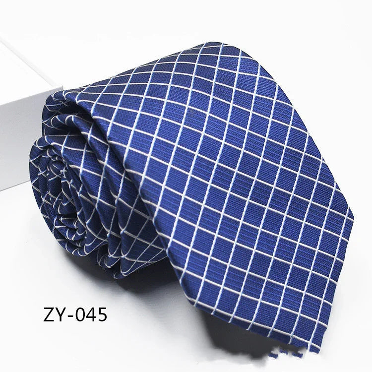Rolled blue necktie with white grid pattern on white background, model ZY-045