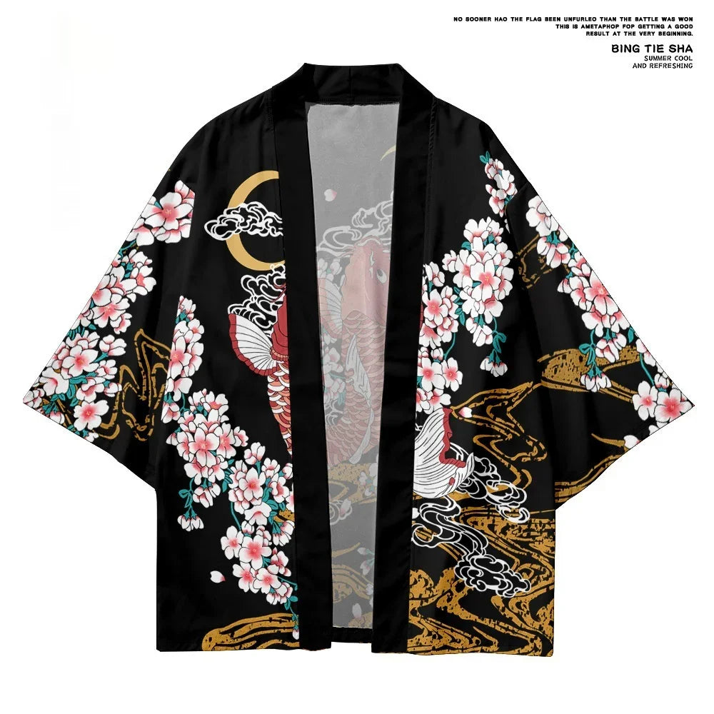 Black kimono jacket with pink cherry blossoms, golden waves, koi fish, and crescent moon design