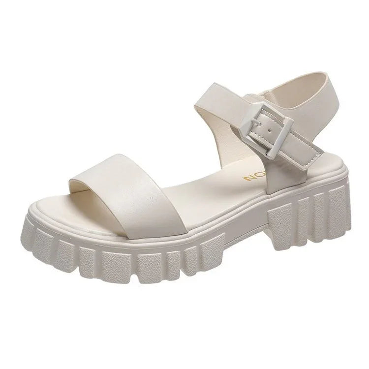 White chunky platform sandal with thick sole and adjustable ankle strap buckle