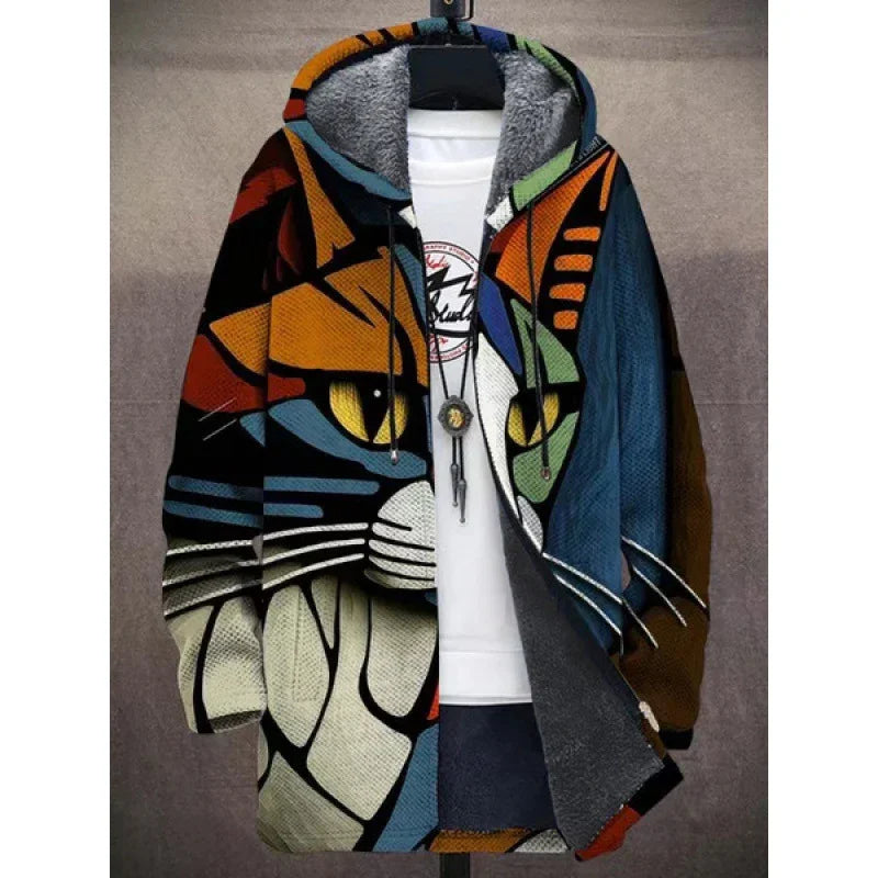 colorful geometric cat design zip-up hoodie with gray fleece lining and white graphic t-shirt underneath