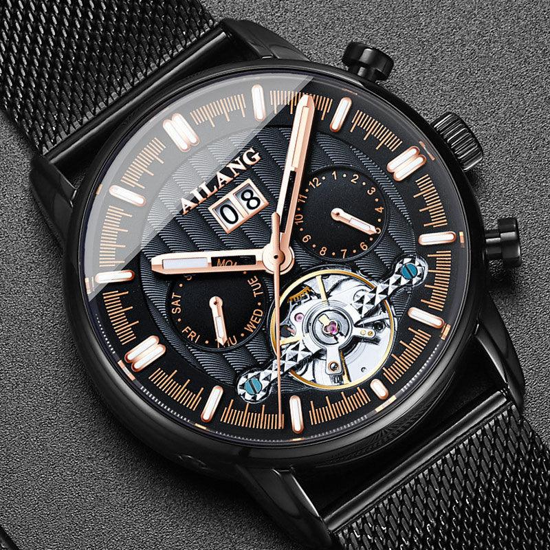 AILANG black luxury mechanical wristwatch with mesh strap, gold accents, and visible tourbillon