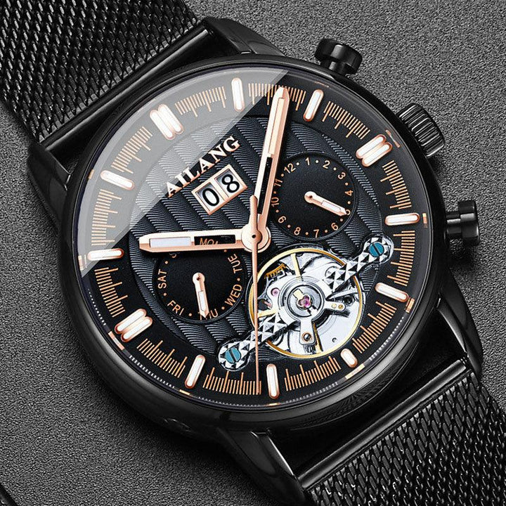 AILANG black luxury mechanical wristwatch with mesh strap, gold accents, and visible tourbillon