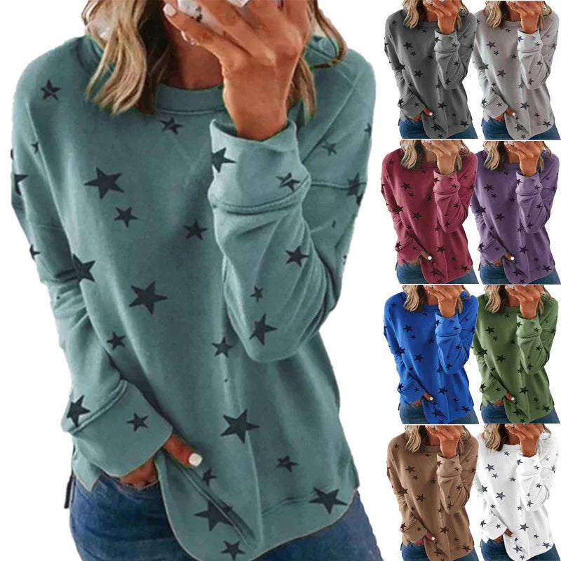 Woman wearing casual star print long sleeve sweatshirt in multiple colors including teal, gray, pink, purple, blue, green, brown, and white
