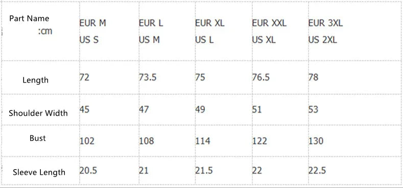 Clothing size chart showing measurements in cm for Length, Shoulder Width, Bust, Sleeve Length across EUR M to EUR 3XL