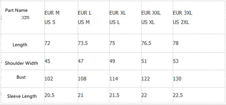 Clothing size chart showing measurements in cm for Length, Shoulder Width, Bust, Sleeve Length across EUR M to EUR 3XL