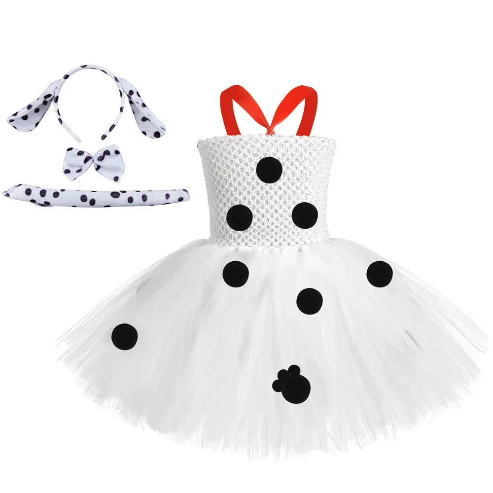 White girls Dalmatian costume dress with black spots, red straps, headband with ears, bow tie, and tail