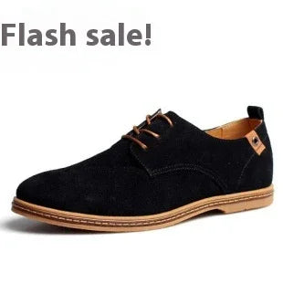 Black suede men's casual dress shoe with brown sole and laces, flash sale text