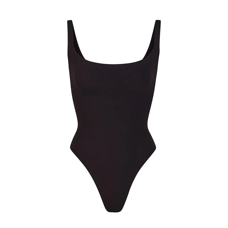 Black one-piece swimsuit with square neckline and high-cut leg design