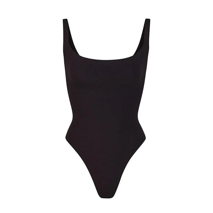 Black one-piece swimsuit with square neckline and high-cut leg design