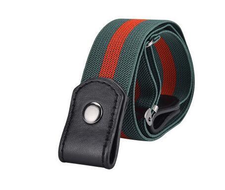 Green and red striped woven fabric belt with black leather end and silver buckle