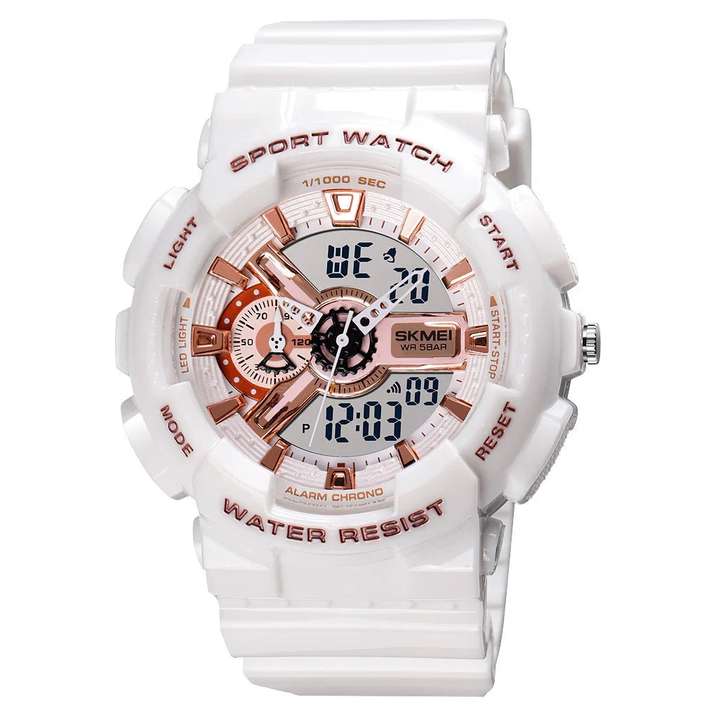 White SKMEI sport watch with digital and analog display, rose gold accents, water resistant design