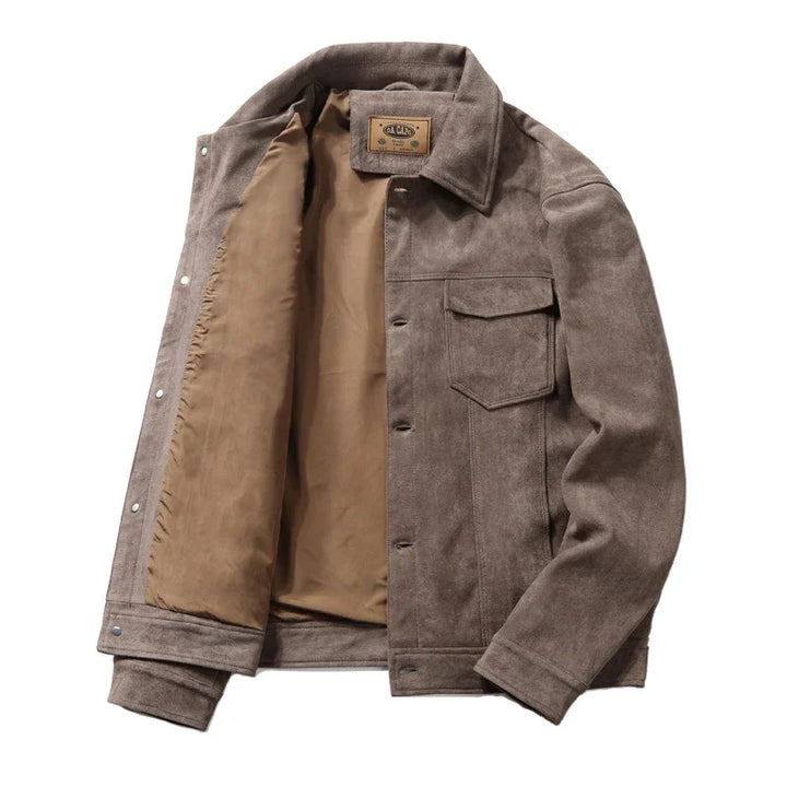 Taupe suede jacket with beige lining, front flap pocket, and snap button closure