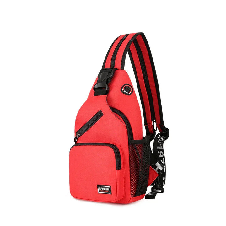 Red sling backpack with black trim, multiple zip pockets, and adjustable strap with text detail