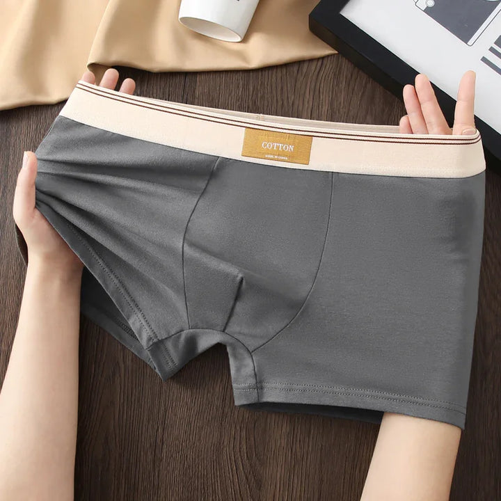 Gray cotton men's boxer briefs with beige elastic waistband and label, held stretched by hands on wood surface