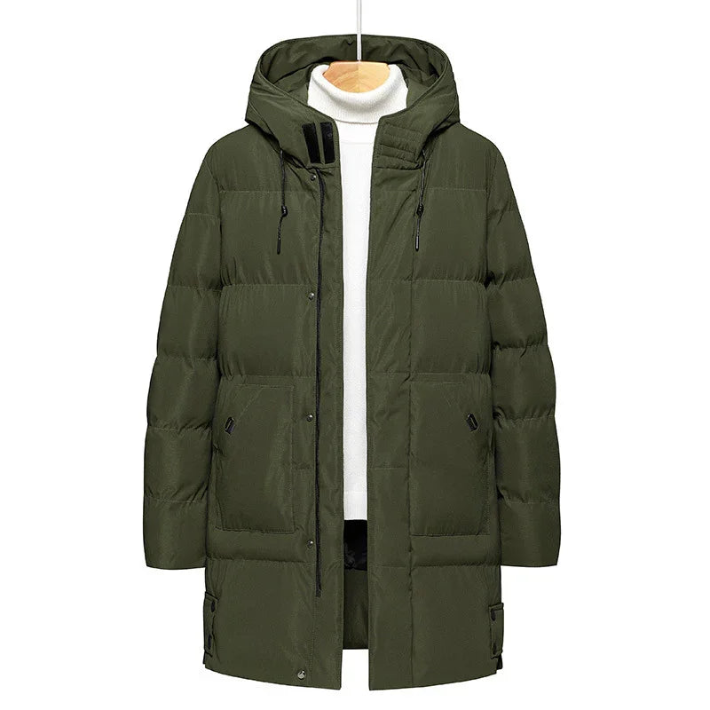 olive green long padded winter jacket with hood over white turtleneck sweater on hanger