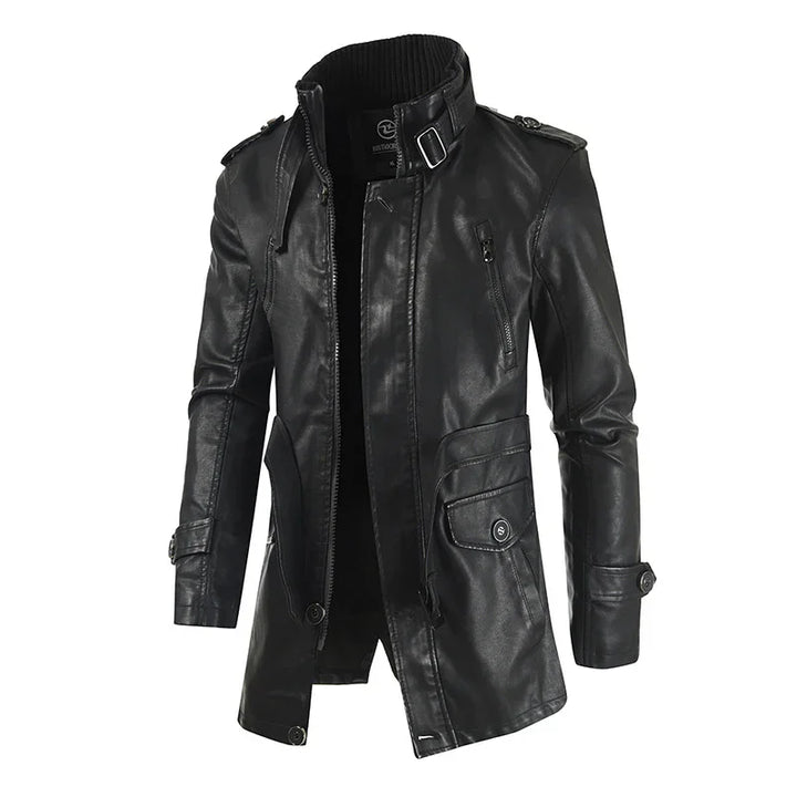 Black long leather jacket with zipper, buttoned pockets, buckle collar, and epaulets