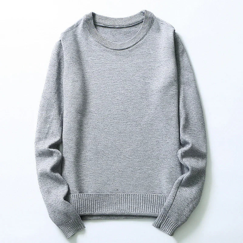 Light gray knitted crewneck sweater with ribbed cuffs and hem on white background