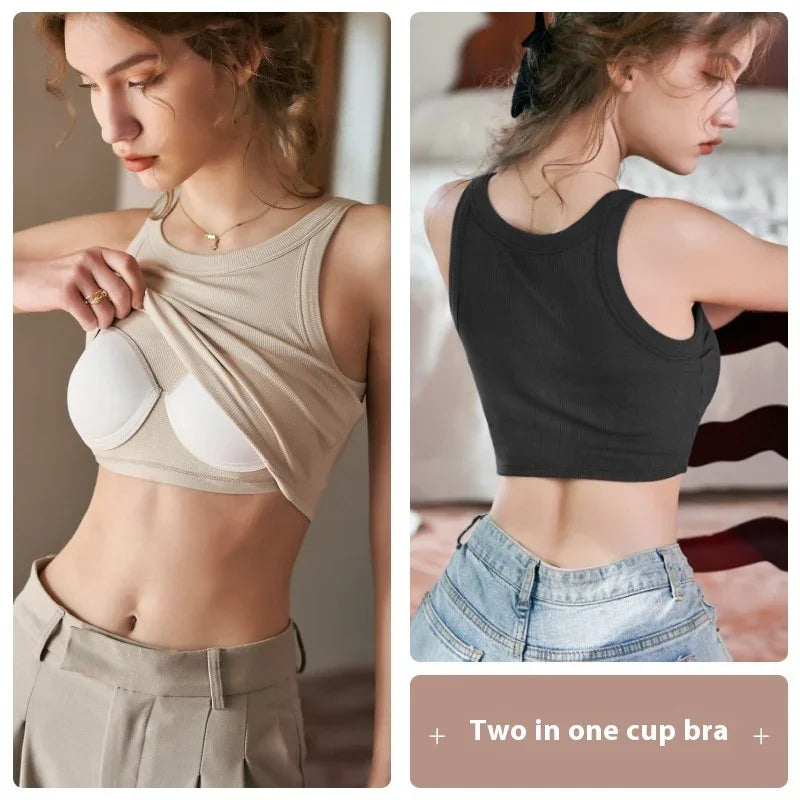 Two-in-one cup bras shown on model wearing beige and black sleeveless crop tops with jeans and trousers