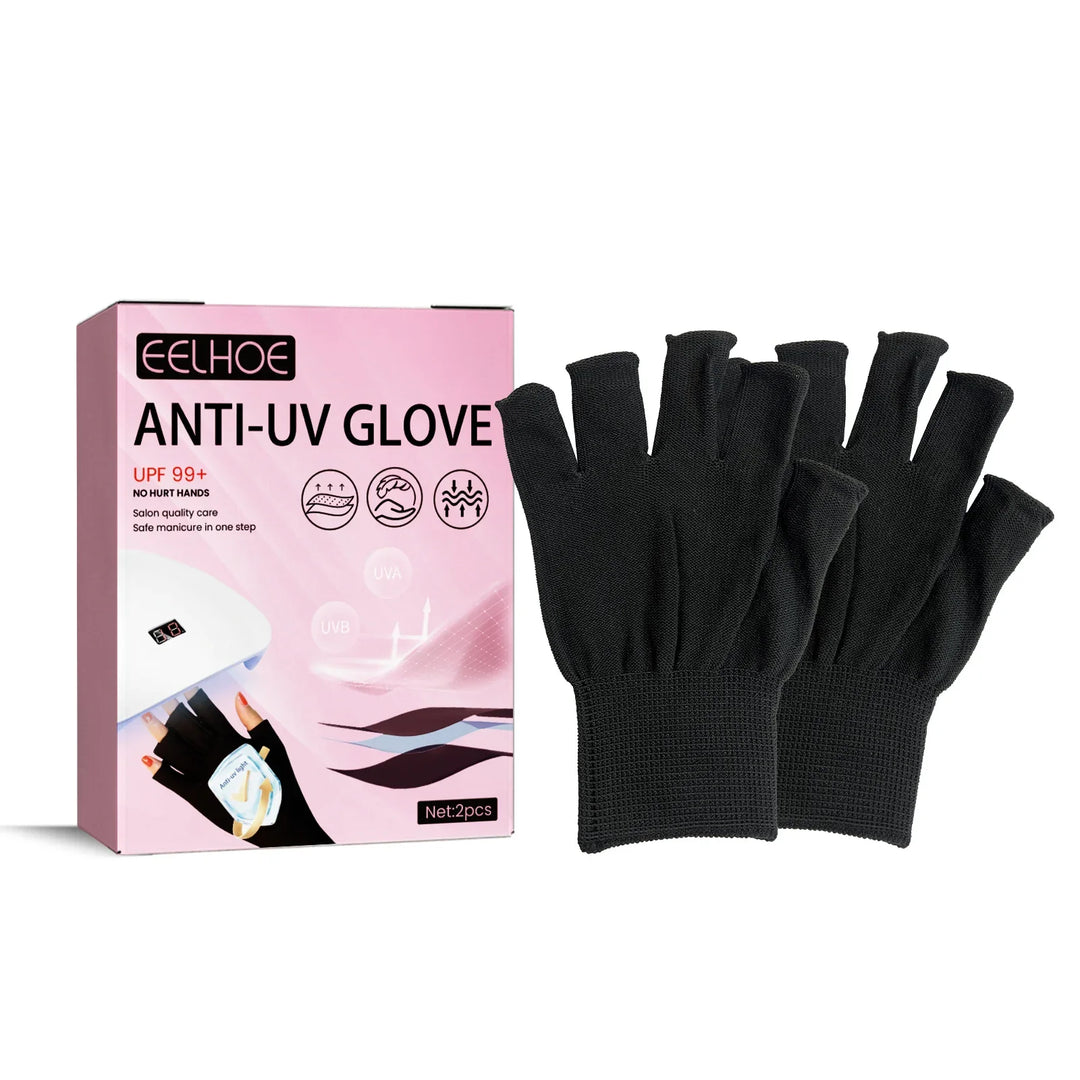 EELHOE black anti-UV gloves with pink packaging, UPF 99+ protection for salon manicure