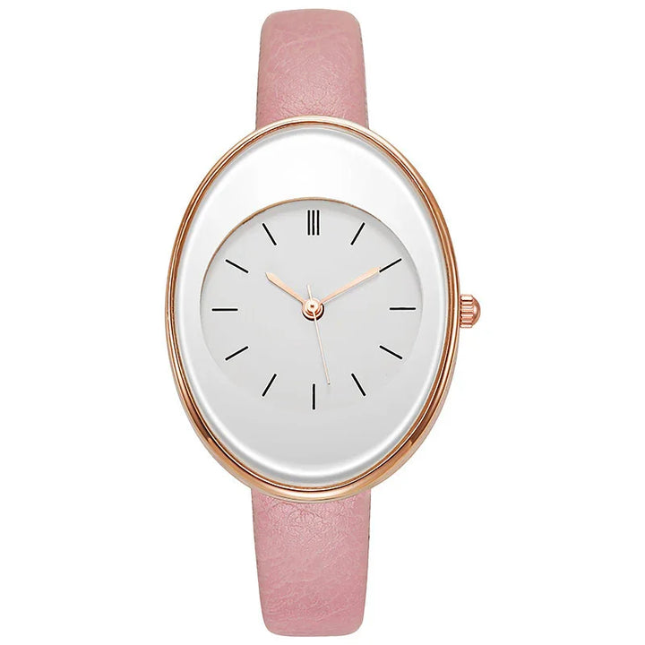 Elegant oval wristwatch with rose gold case, minimal dial, and pink leather strap