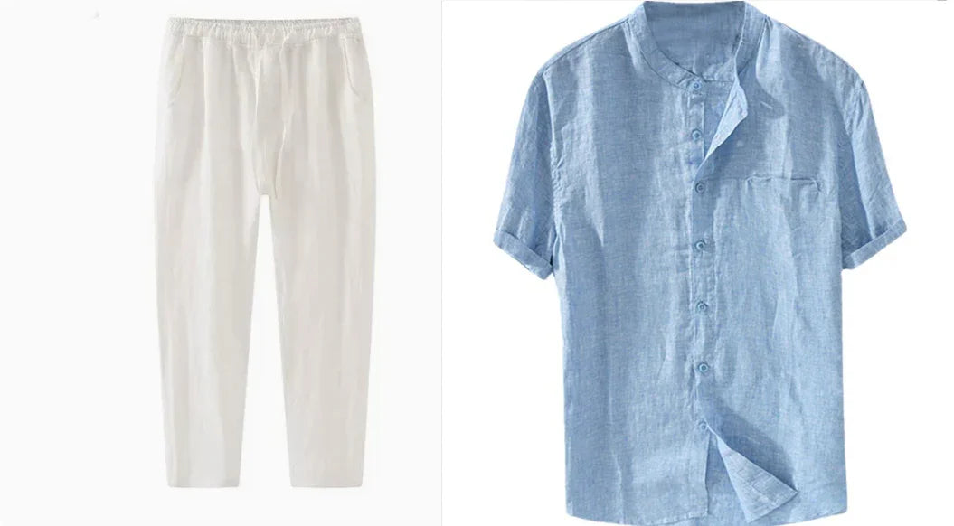 White casual drawstring pants paired with light blue short-sleeve button-up shirt in linen fabric