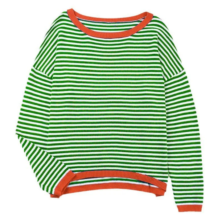 Green and white striped long-sleeve sweater with orange neckline and hem accents