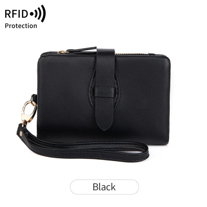 Black RFID protection leather wristlet wallet with gold zipper and strap