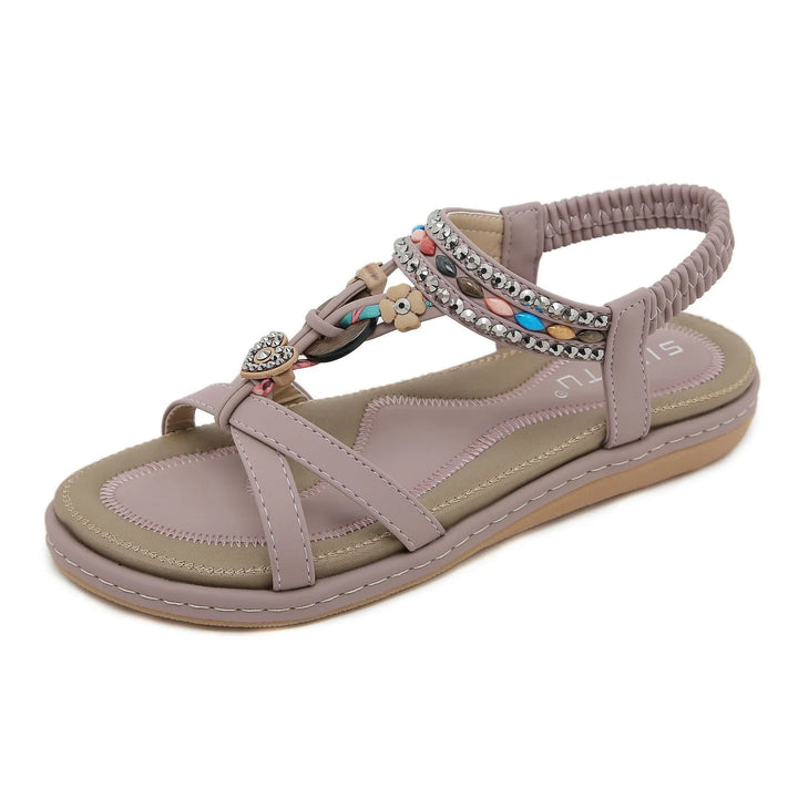 Beige women's sandal with elastic back strap, colorful bead and rhinestone decorations